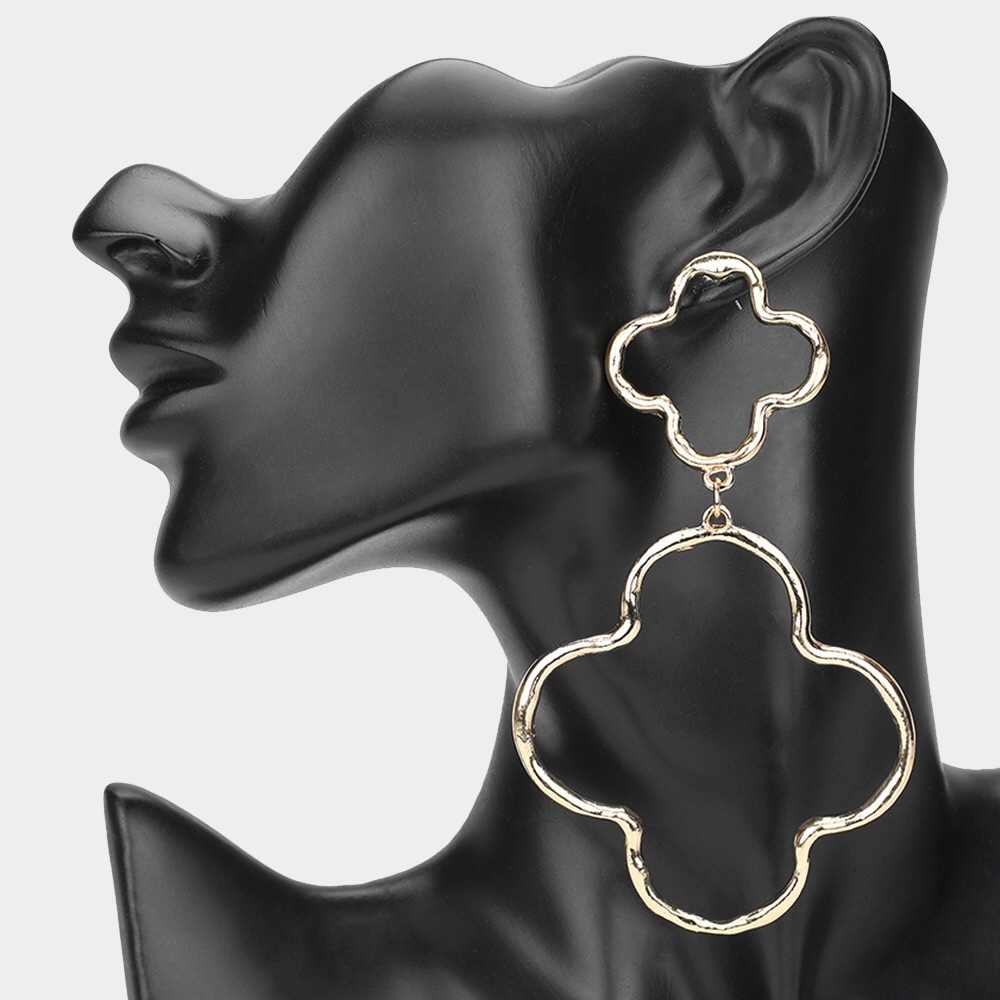Oversized Hammered Metal Quatrefoil Statement Earrings